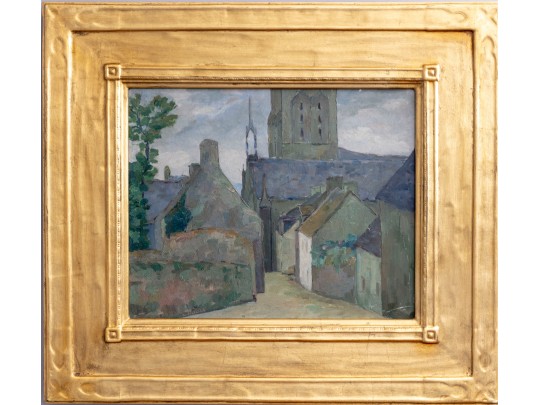 Oil On Wood Board Church Cathedral Painting With Landscape En Verso