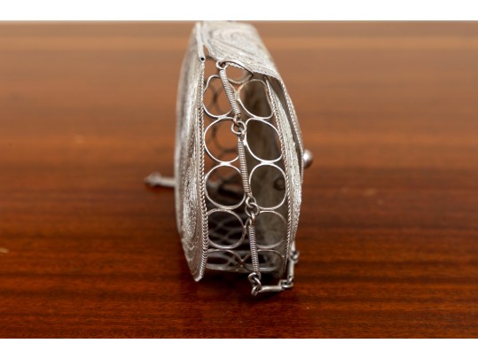 Ornate Minaudiere Filigree Evening Bag, Silver-Plated Copper