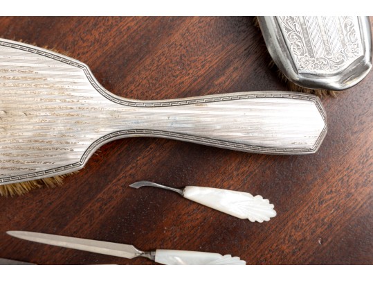 Vintage Sterling Silver & Mother Of Pearl Vanity Brush Set