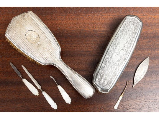 Vintage Sterling Silver & Mother Of Pearl Vanity Brush Set