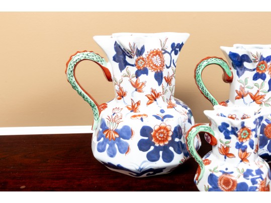 Set Of Five Large Octagonal Reproduction Ironstone China Welsh Graduated Hydra Pitchers 