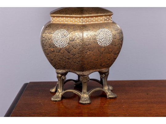 Vintage Asian Brass Table Lamp Decorated With Minute Ornate Detail & White Enamel Designs