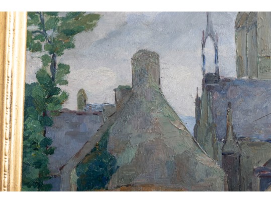 Oil On Wood Board Church Cathedral Painting With Landscape En Verso