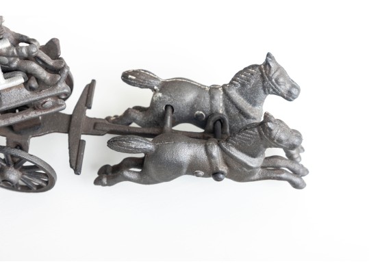 1800’s Rare Matching Pair Of Cast-Iron Toy Horse-drawn Ladder Fire Wagon & Water Pumper Wagon