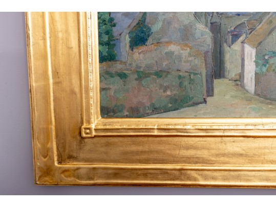 Oil On Wood Board Church Cathedral Painting With Landscape En Verso