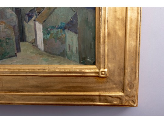 Oil On Wood Board Church Cathedral Painting With Landscape En Verso