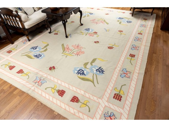 Pretty Pictorial Floral Wool Dhurie Flatweave Rug (13'8