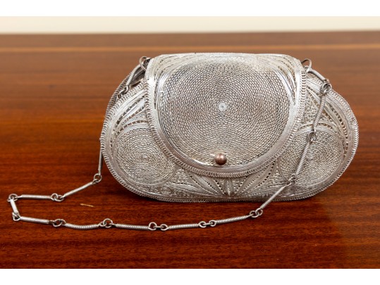 Ornate Minaudiere Filigree Evening Bag, Silver-Plated Copper
