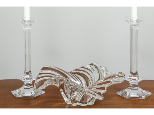 Val Saint Lambert Crystal Candlesticks & Mikasa Belle Bowl