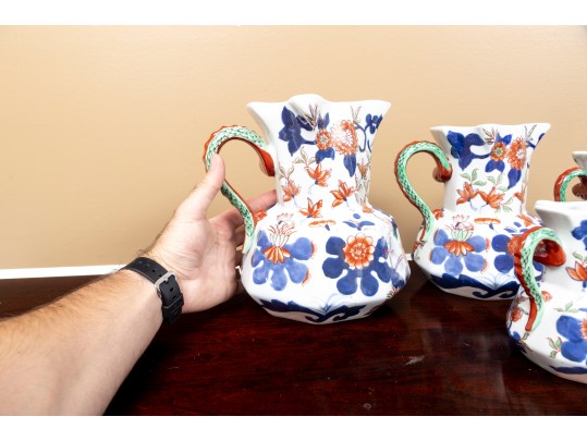 Set Of Five Large Octagonal Reproduction Ironstone China Welsh Graduated Hydra Pitchers 