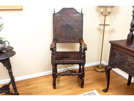 Gorgeous Jacobean-era Tooled Leather Back & Seat Chair