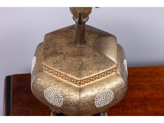 Vintage Asian Brass Table Lamp Decorated With Minute Ornate Detail & White Enamel Designs