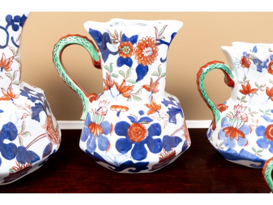 Set Of Five Large Octagonal Reproduction Ironstone China Welsh Graduated Hydra Pitchers 