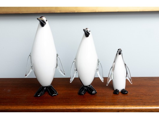 Family Of Three Murano Glass Penguins After Formia Vetri Di