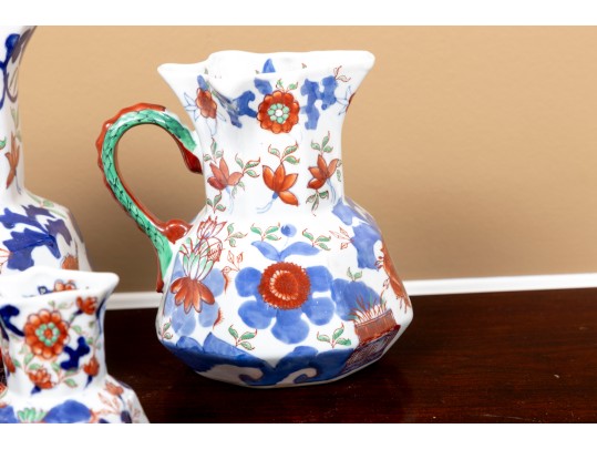 Set Of Five Large Octagonal Reproduction Ironstone China Welsh Graduated Hydra Pitchers 