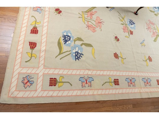 Pretty Pictorial Floral Wool Dhurie Flatweave Rug (13'8