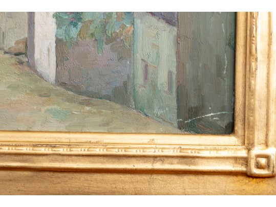 Oil On Wood Board Church Cathedral Painting With Landscape En Verso