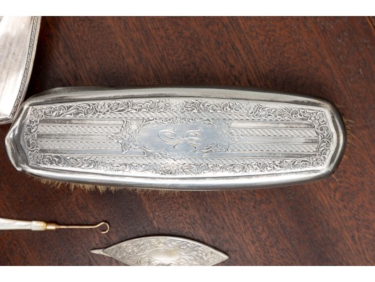 Vintage Sterling Silver & Mother Of Pearl Vanity Brush Set