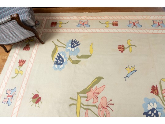 Pretty Pictorial Floral Wool Dhurie Flatweave Rug (13'8