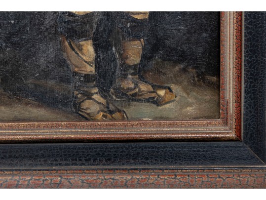 Antique Oil Painting On Wood Board – Scottish Figure With Bagpipes