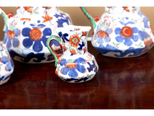 Set Of Five Large Octagonal Reproduction Ironstone China Welsh Graduated Hydra Pitchers 