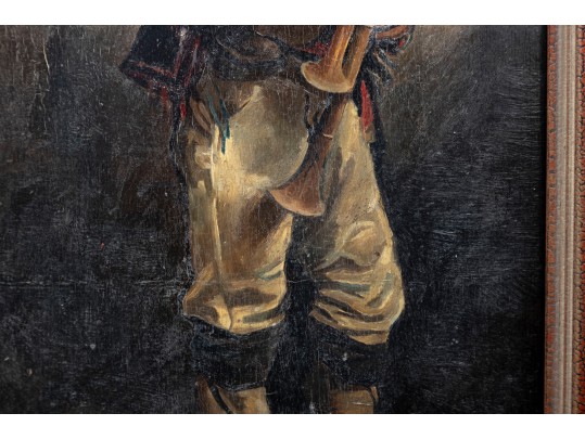 Antique Oil Painting On Wood Board – Scottish Figure With Bagpipes