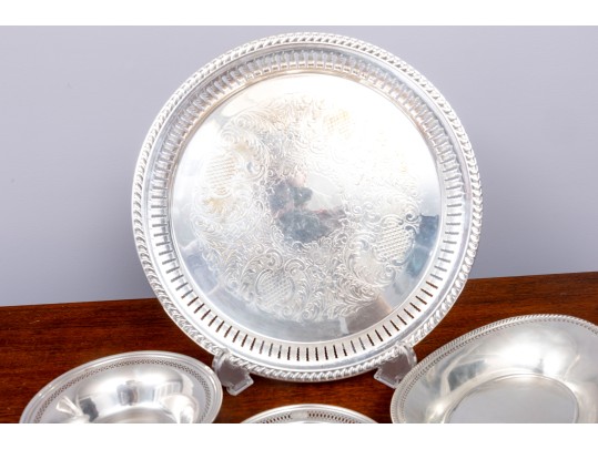 Small Collection Of Three Pierced Sterling Silver Dishes And Silver Plate Platter