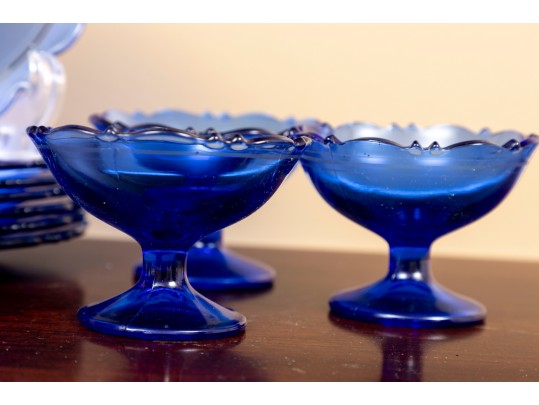 Mt. Pleasant Cobalt Blue Smith Glass Sherbet Cups & Plates