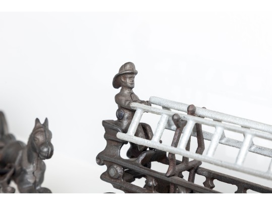 1800’s Rare Matching Pair Of Cast-Iron Toy Horse-drawn Ladder Fire Wagon & Water Pumper Wagon