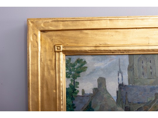 Oil On Wood Board Church Cathedral Painting With Landscape En Verso