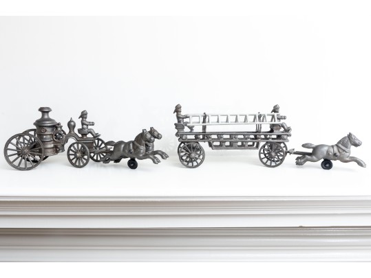 1800’s Rare Matching Pair Of Cast-Iron Toy Horse-drawn Ladder Fire Wagon & Water Pumper Wagon