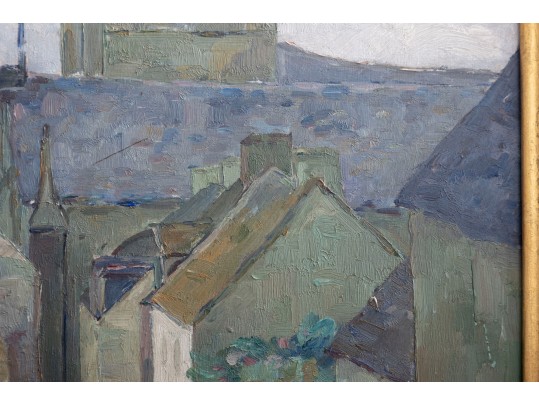 Oil On Wood Board Church Cathedral Painting With Landscape En Verso