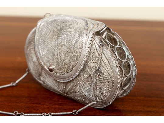 Ornate Minaudiere Filigree Evening Bag, Silver-Plated Copper
