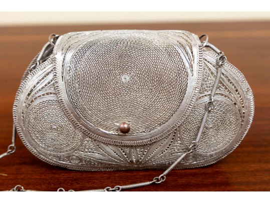 Ornate Minaudiere Filigree Evening Bag, Silver-Plated Copper