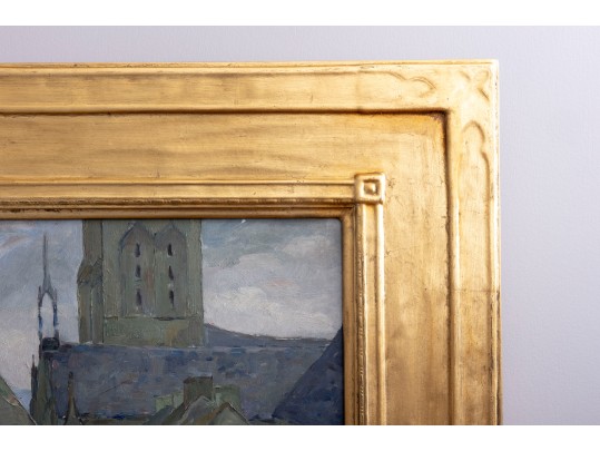 Oil On Wood Board Church Cathedral Painting With Landscape En Verso