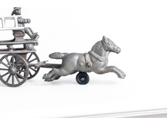 1800’s Rare Matching Pair Of Cast-Iron Toy Horse-drawn Ladder Fire Wagon & Water Pumper Wagon