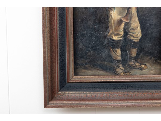 Antique Oil Painting On Wood Board – Scottish Figure With Bagpipes