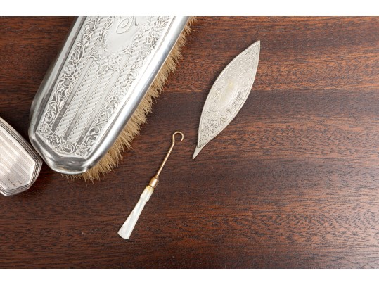 Vintage Sterling Silver & Mother Of Pearl Vanity Brush Set