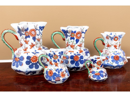 Set Of Five Large Octagonal Reproduction Ironstone China Welsh Graduated Hydra Pitchers 