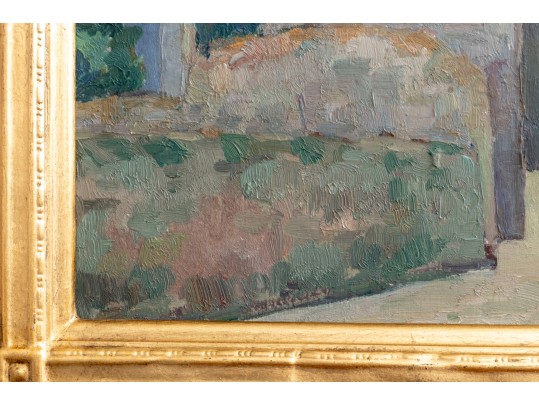 Oil On Wood Board Church Cathedral Painting With Landscape En Verso