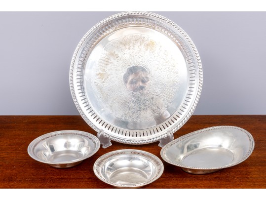 Small Collection Of Three Pierced Sterling Silver Dishes And Silver Plate Platter