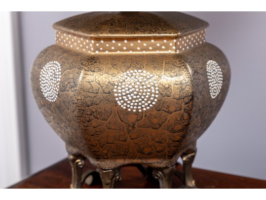 Vintage Asian Brass Table Lamp Decorated With Minute Ornate Detail & White Enamel Designs
