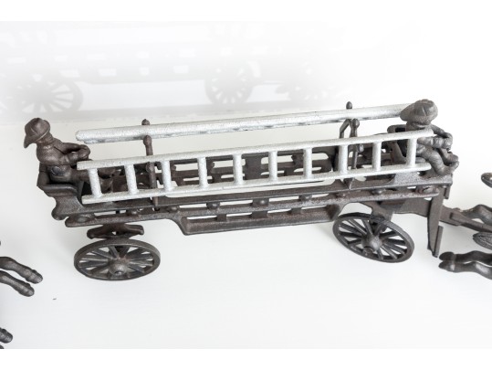 1800’s Rare Matching Pair Of Cast-Iron Toy Horse-drawn Ladder Fire Wagon & Water Pumper Wagon