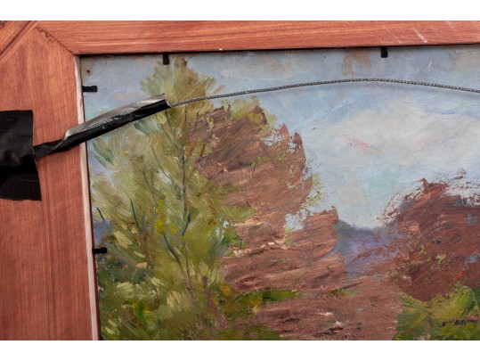 Oil On Wood Board Church Cathedral Painting With Landscape En Verso