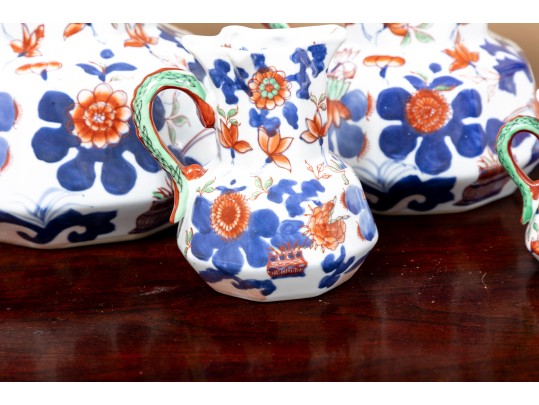 Set Of Five Large Octagonal Reproduction Ironstone China Welsh Graduated Hydra Pitchers 