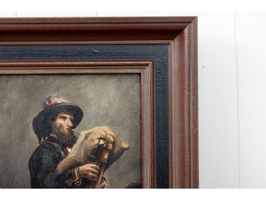 Antique Oil Painting On Wood Board – Scottish Figure With Bagpipes