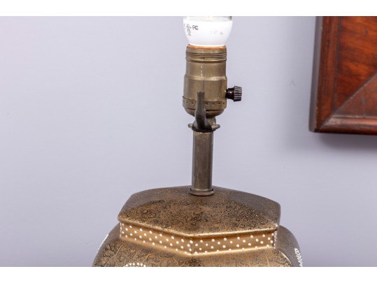 Vintage Asian Brass Table Lamp Decorated With Minute Ornate Detail & White Enamel Designs