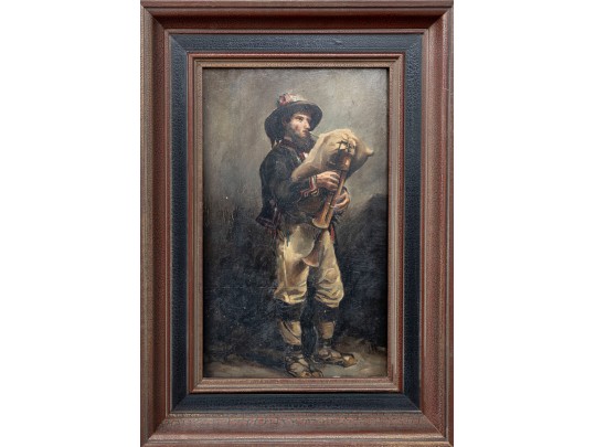Antique Oil Painting On Wood Board – Scottish Figure With Bagpipes