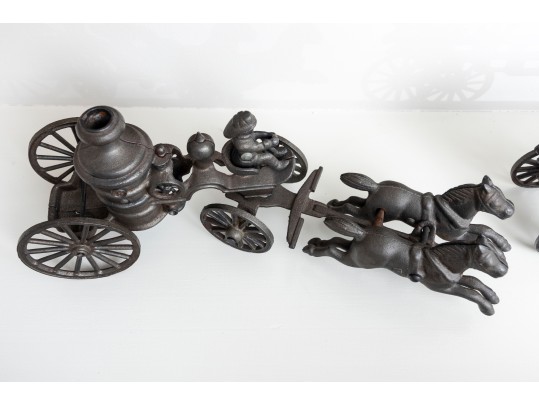 1800’s Rare Matching Pair Of Cast-Iron Toy Horse-drawn Ladder Fire Wagon & Water Pumper Wagon