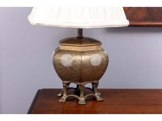 Vintage Asian Brass Table Lamp Decorated With Minute Ornate Detail & White Enamel Designs